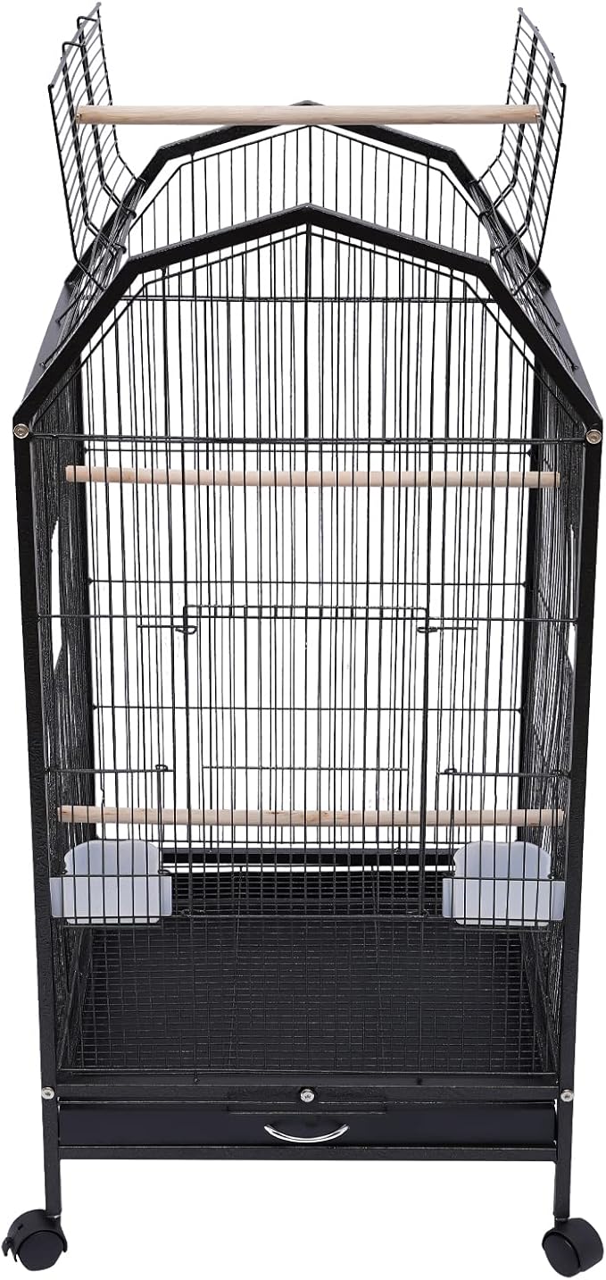 40 Inch Bird Cage with Play Open Top & Lockable Rolling Stand, Medium Birdcage for Parrot Lovebirds Finches Canaries Parakeets Cockatiels Budgie Parrotlet Conures, Black