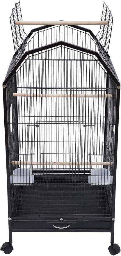 40 Inch Bird Cage with Play Open Top & Lockable Rolling Stand, Medium Birdcage for Parrot Lovebirds Finches Canaries Parakeets Cockatiels Budgie Parrotlet Conures, Black