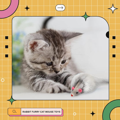 Hungdao 60 Pcs Furry Mice Interactive Catch Play Rabbit Fur Mouse Cat Toy Rattle Sound Rat Plush for PET Cats and Kittens, 3 Colors(White, Black, Gray)