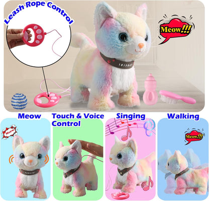 Colorful Walking Cat Set Singing That Purrs and Meows Animated Plush Robot Kitten with Leash Moving Plush Stuffed Animal Remote Control Cute Kawai Robotic Kitty Electronic Kitten Toy for Girl Kid
