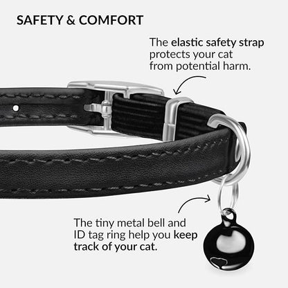 CollarDirect Leather Cat Collar with Bell - Kitten Small and Big Cat Collar for Boy Cats, Girl Cats with Safety Elastic Strap (Neck Fit 6"-7", Black)