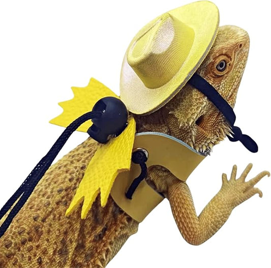 Adjustable Bearded Dragon Leash Harness with Hat Set,3 Size Pack Leather Wings Safty Walking Leash for Bearded Dragon Lizard Reptiles (Yellow Hat and Yellow Harness Set)