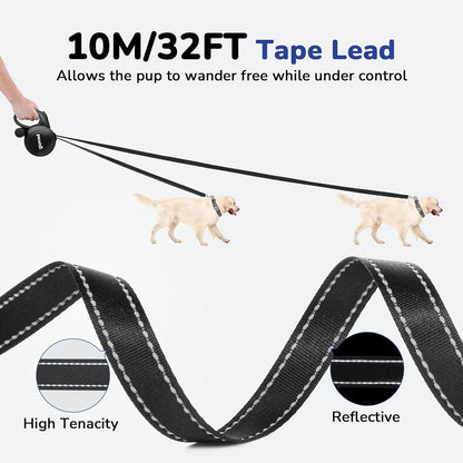 Pecute 32ft Retractable Dog Leash with Reflective Strips, One-Button Control & Sturdiness Nylon Material, Long Leash Retractable with Poop Bag Holder for Medium Large Dog