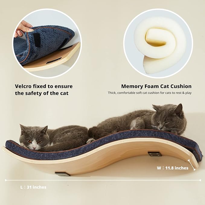 Cat Shelf with Comfortable Cushion - Wave Modern Cat Bed - Minimalistic Floating Cats Wall Perch - Wooden Wall Mounted Cats Furniture for Sleeping, Playing, Climbing, and Lounging