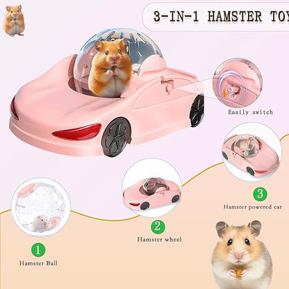 3-in-1 Hamster Car Toy, Silent Dwarf Hamster Running Ball and Exercise Wheel, 4.8 Inches, Small Pet Activity Center