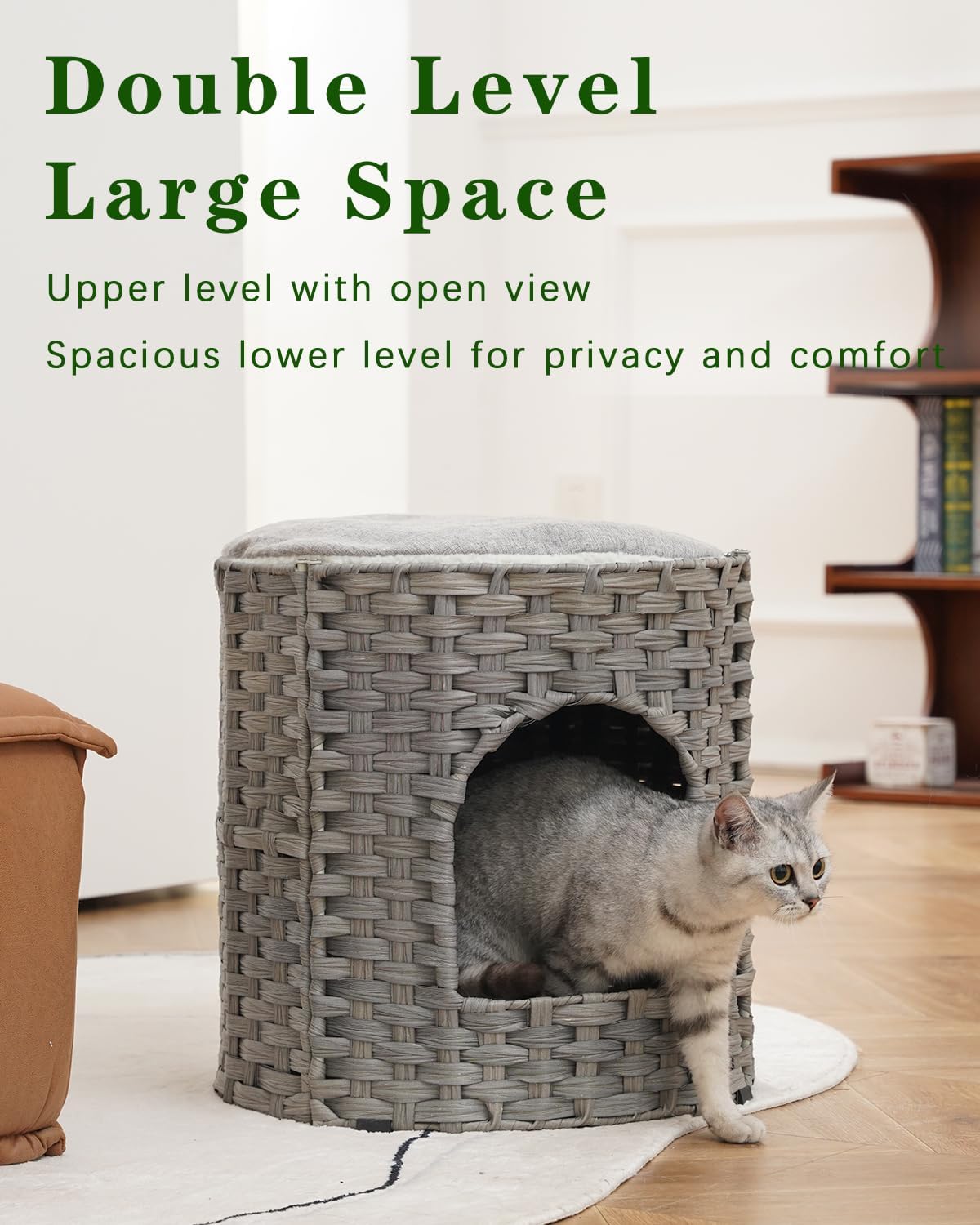 Cat House for Indoor Cat, Large Double Cat Houses Cat Bed Cave, Handwoven Rattan Pet Beds with One Soft Pad, 17 x 17 x 17 Inches Foldable Kitten Hideaway in Living Room Gray
