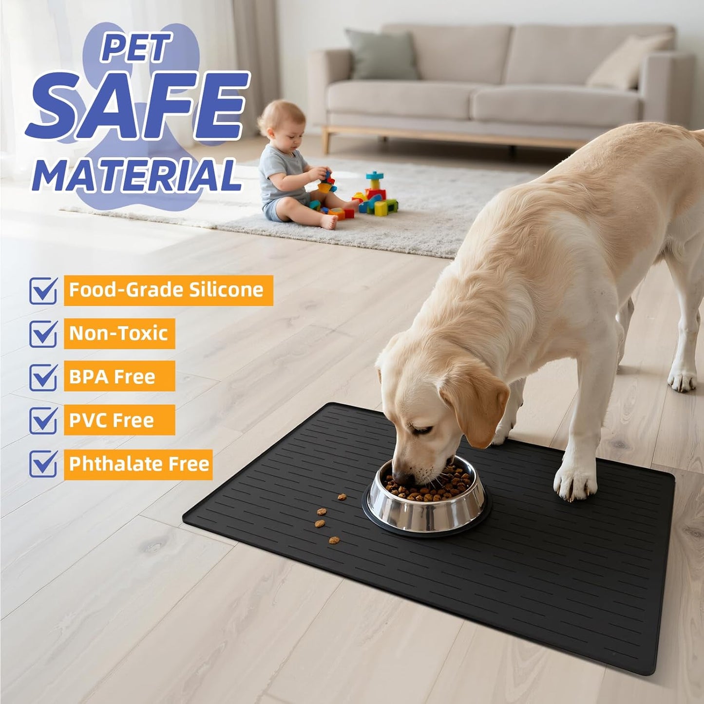 Large Dog Mats for Food and Water, 40"x30" Waterproof Pet Food Mats for Floor Nonslip Silicone Bowl Mats with Raised Edges