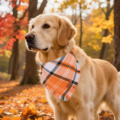 PTDECOR Fall Dog Bandanas with Tassels Edges, 2 Pack Orange Plaid Scarf Bib, Halloween Thanksgiving Pet Bandana, Reversible Triangle Bandanas for Extra Large Dogs (X-Large)