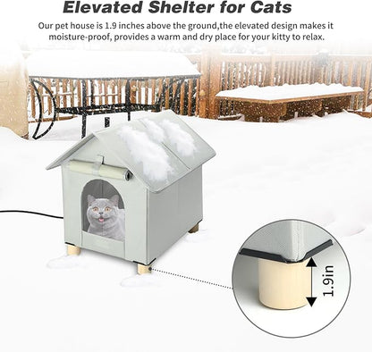 BWOGUE Large Elevated Heated Cat House for Outdoor Cats in Winter, Waterproof & Insulated Feral Cat Shelter for Outside Cats,Weatherproof Feral Cat House for Outside(Large Grey)