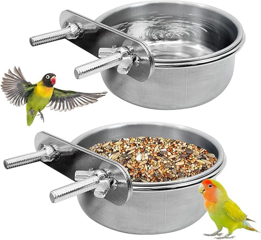 PINVNBY 2 PCS Stainless Steel Bird Bowl Parrot Food Water Bowls with Clamp Holder Bird Feeder Dish Cups Crate Bowls for Cockatiel Pigeons Conure Budgies African Greys (Double Screws Size: M)