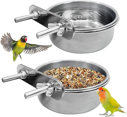 PINVNBY 2 PCS Stainless Steel Bird Bowl Parrot Food Water Bowls with Clamp Holder Bird Feeder Dish Cups Crate Bowls for Cockatiel Pigeons Conure Budgies African Greys (Double Screws Size: S)