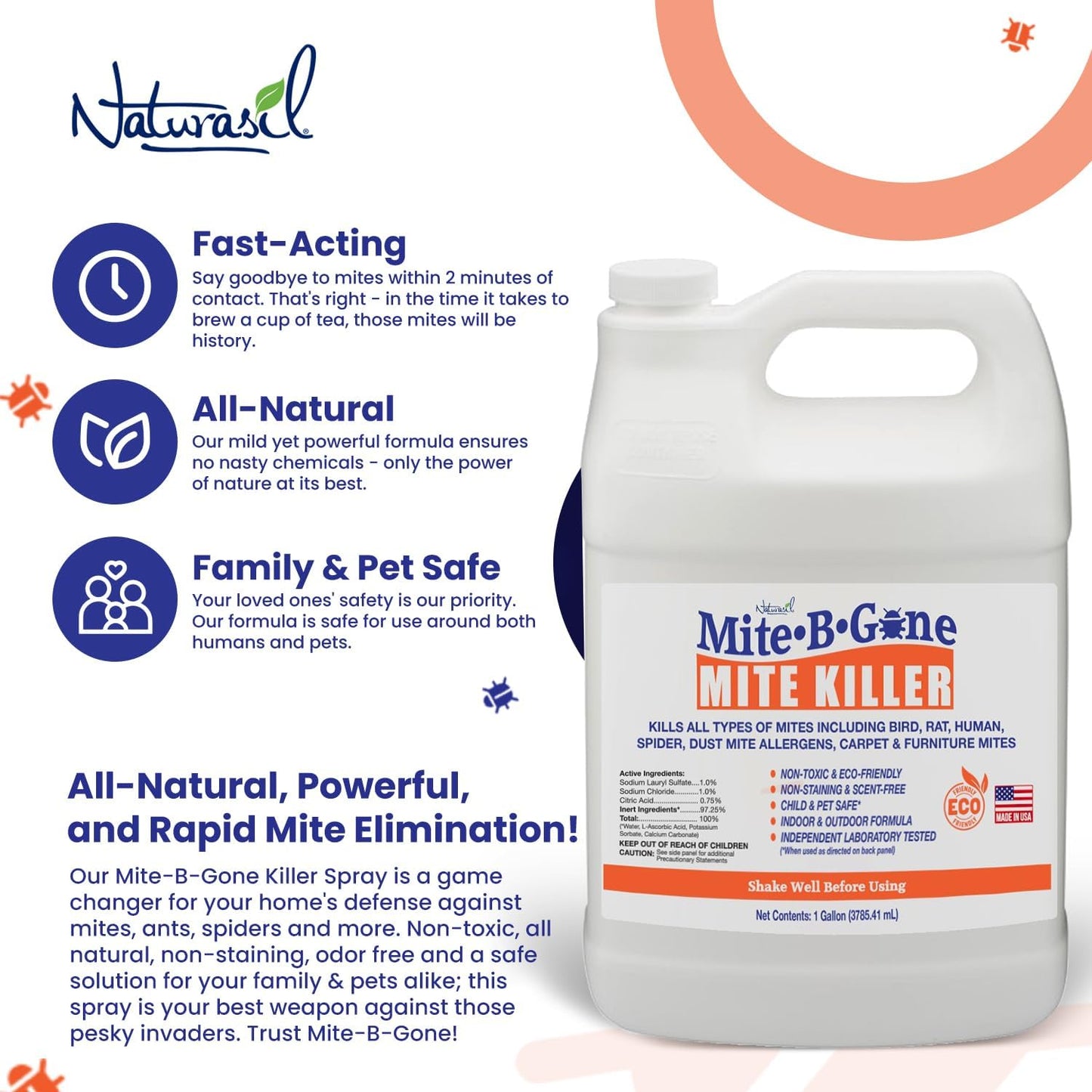 Mite Killer Treatment Spray for Home by Mite-B-Gone - Kills All Types of Mites, Dust, Spider, Rat, Carpet & Bird Mites | Safe for Homes, Furniture & Animals | Non-Toxic | Kid & Pet Friendly | 1 Gal