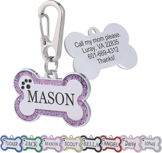 Personalized Stainless Steel Pet ID Tags with Glittery Bone Design - DEEP Engraved Dog Tags Engraved for Pets Customized with 5 Lines Dogs and Cats Pets