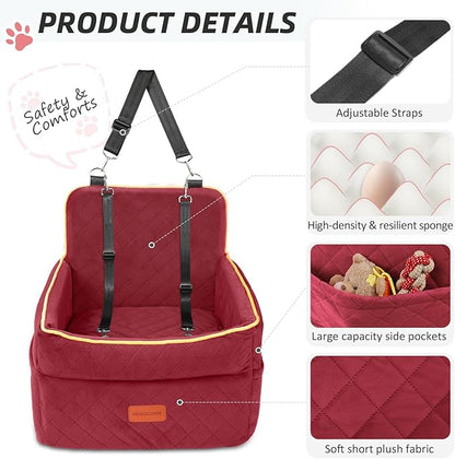 Dog Car Seat for Small Medium Dogs, Memory Foam Puppy Dog Booster Seat with Thick Cushion for Dogs Under 35lbs, Detachable Washable Pet Car Seat Travel Bed with Storage Pockets,2 Safety Belts