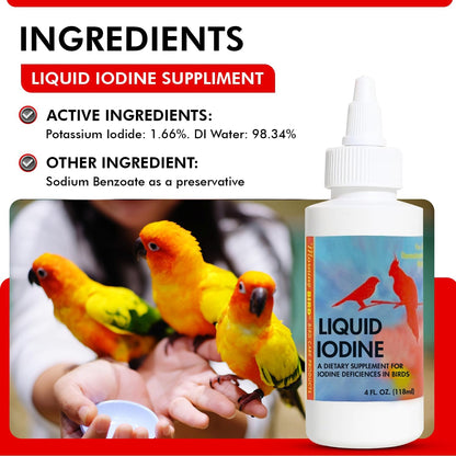 Morning Bird Liquid Iodine for Birds 4 fl. oz – Iodine Drops for Feather Growth, Support Molting, Energy & Thyroid – Easy-to-Use Mineral Supplement Formula for All Bird Types