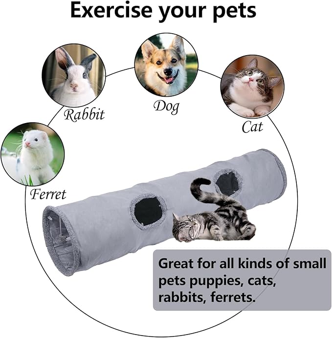 Collapsible Cat Tunnel with Play Ball - Durable Suede Indoor Cat Play Tube for Kitten, Puppy and Rabbit (Medium)