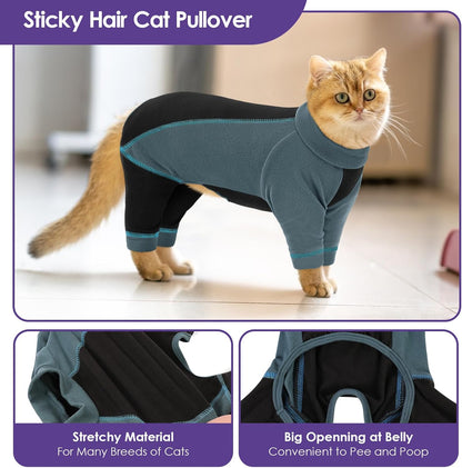 SUNFURA Hair Sticky Cat Clothes, Cat Sweater for Cats Only, 4-Legged Fleece Sweaters Kitten Pajamas Reduce Shedding Fur, Warm Pullover Shirts for Cats, Green L