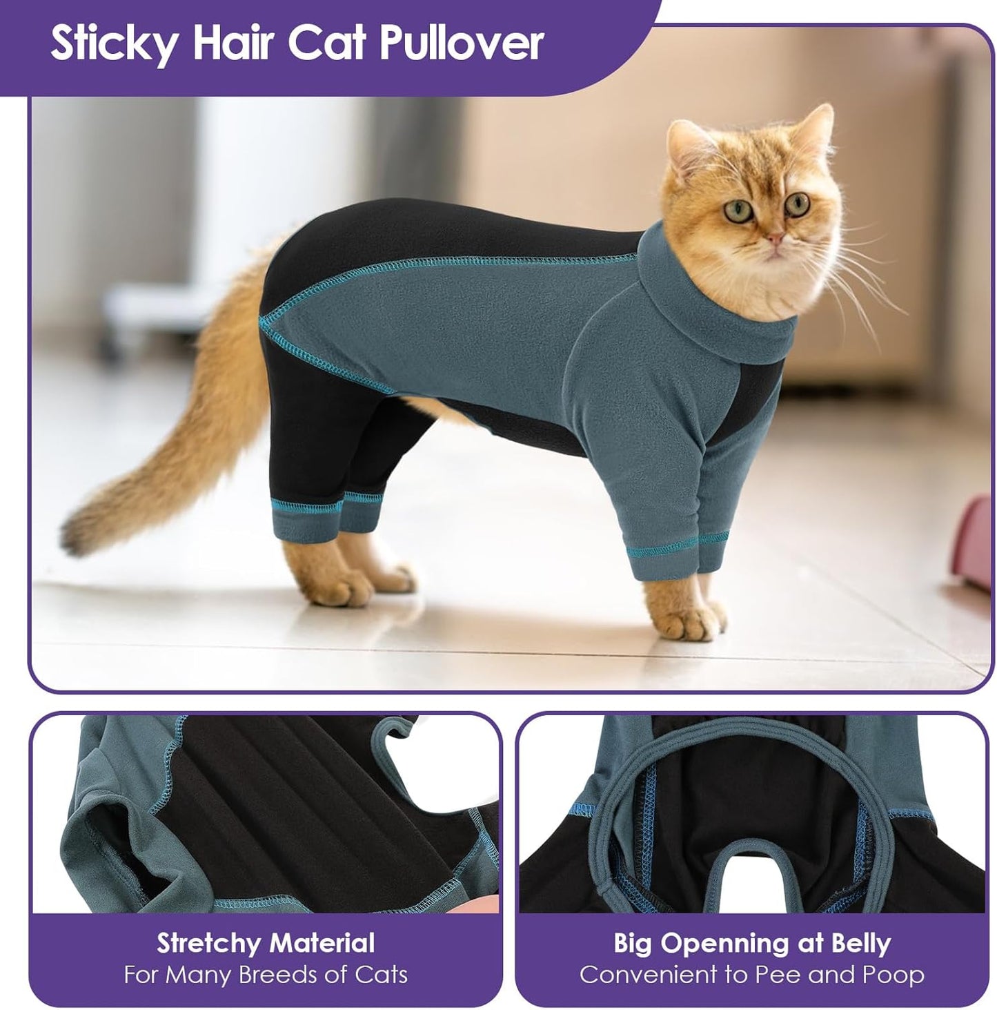 SUNFURA Hair Sticky Cat Clothes, Cat Sweater for Cats Only, 4-Legged Fleece Sweaters Kitten Pajamas Reduce Shedding Fur, Warm Pullover Shirts for Cats, Green S