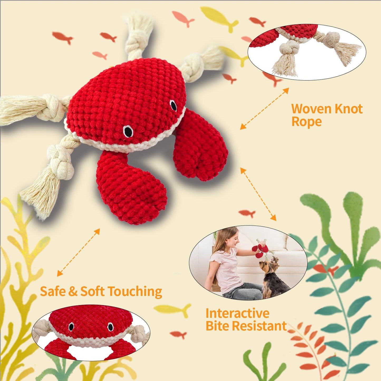 4-Pack Squeaky Dog Toys Set Sea Crinkle Plush Toy Rope Toys for Dogs Tug of War Toy & Oral Care Puppy Toys for Small Medium Large Dogs to Keep Them Busy: Stuffed Octopus, Crab,Seahorse,Turtle Pet Toys