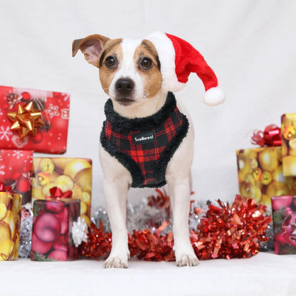 SCENEREAL Small Dog Harness Collar and Leash Set, Warm Fleece No Pull Puppy Vest Harness, Christmas Dog Outfit No Chock Adjustable Step in Pet Halter for Outdoor Walking Training, Red Plaid M