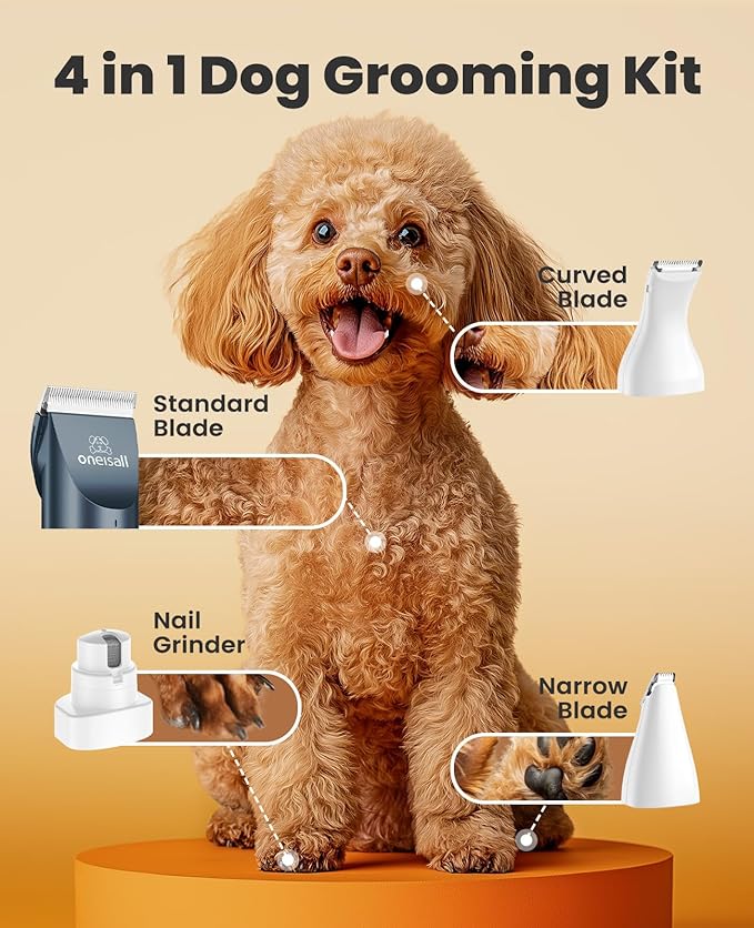 oneisall Dog Clippers and Paw Trimmer Kit 2 in 1 Low Noise Cordless Dog Clippers for Grooming Pet Hair Trimmers for Small and Large Dogs Cats Animals