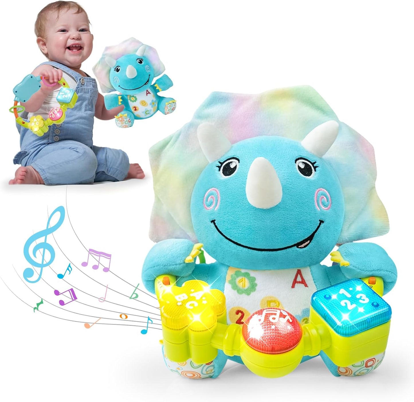 Baby Dino Musical Stuffed Animals Toy with Light-Up Music & Crinkle Sound Paper,Infant Bilingual Early Learning Education Toys,Tummy Time Toys for 0-3-6-12+ Months Boy Girl