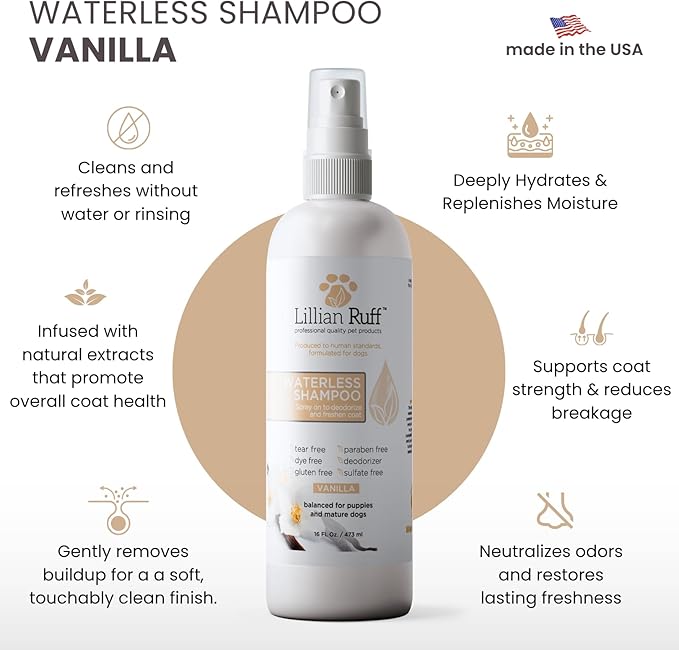 Lillian Ruff Waterless No-Rinse Dog Dry Shampoo Spray with Hydrating Essential Oils - pH-Balanced Dry Shampoo for Dogs - Clean, Condition, Detangle & Deodorize Dry, Sensitive Skin (Vanilla)