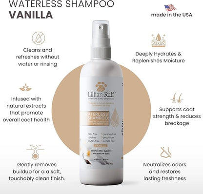 Lillian Ruff Waterless No-Rinse Dog Dry Shampoo Spray with Hydrating Essential Oils - pH-Balanced Dry Shampoo for Dogs - Clean, Condition, Detangle & Deodorize Dry, Sensitive Skin (Vanilla)