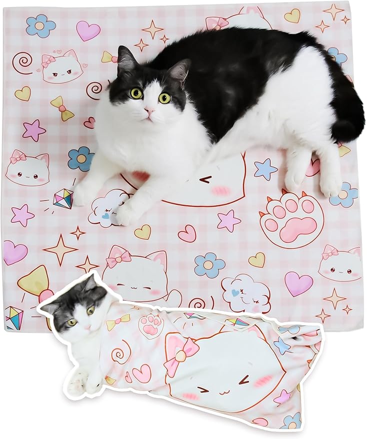 Cat Grooming Wrap for Cutting Nails, 31.5" Anti-Escape Calming Cat Swaddle Wrap for Medicine, Nail Clipping, Teeth Brushing, Ear Cleaning, Self-Adherent Burrito Restraint, (Happy Kitty, XL)