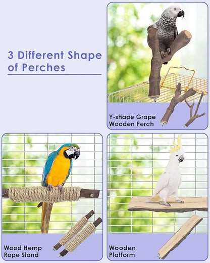 Bissap 5PCS Large Bird Perch Stand, Natural Wood Pole Standing Paw Grinding Fork Parrot Cage Branch with Rope for Macaw African Grey Amazon Pet Medium Large Birds Cage Accessories