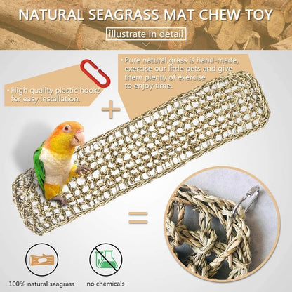 2Pcs Bird Seagrass Mat 30 × 7" Natural Grass Woven Net Hammock with Hooks Climbing Rope Ladder Chew Toys Hanging on Parrot Cage for Lovebird Pigeon Cockatiel Conure Budgie Cockatoo