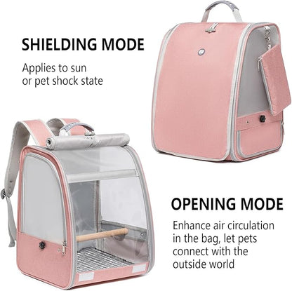 Bird Carrier Backpack, Portable Travel Bird Cage with Standing Perch, 2 Feeder Cups, Iron Mesh Stand & Removable Tray Lightweight, Breathable Mesh Window for Parrot Carrier，Easy Clean (Pink)