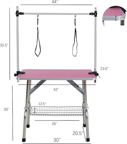42" Dog Grooming Table Foldable Pet Grooming Tables with Adjustable Arm Noose Storage Mesh Tray Maximum Capacity Up to 330lbs Pink