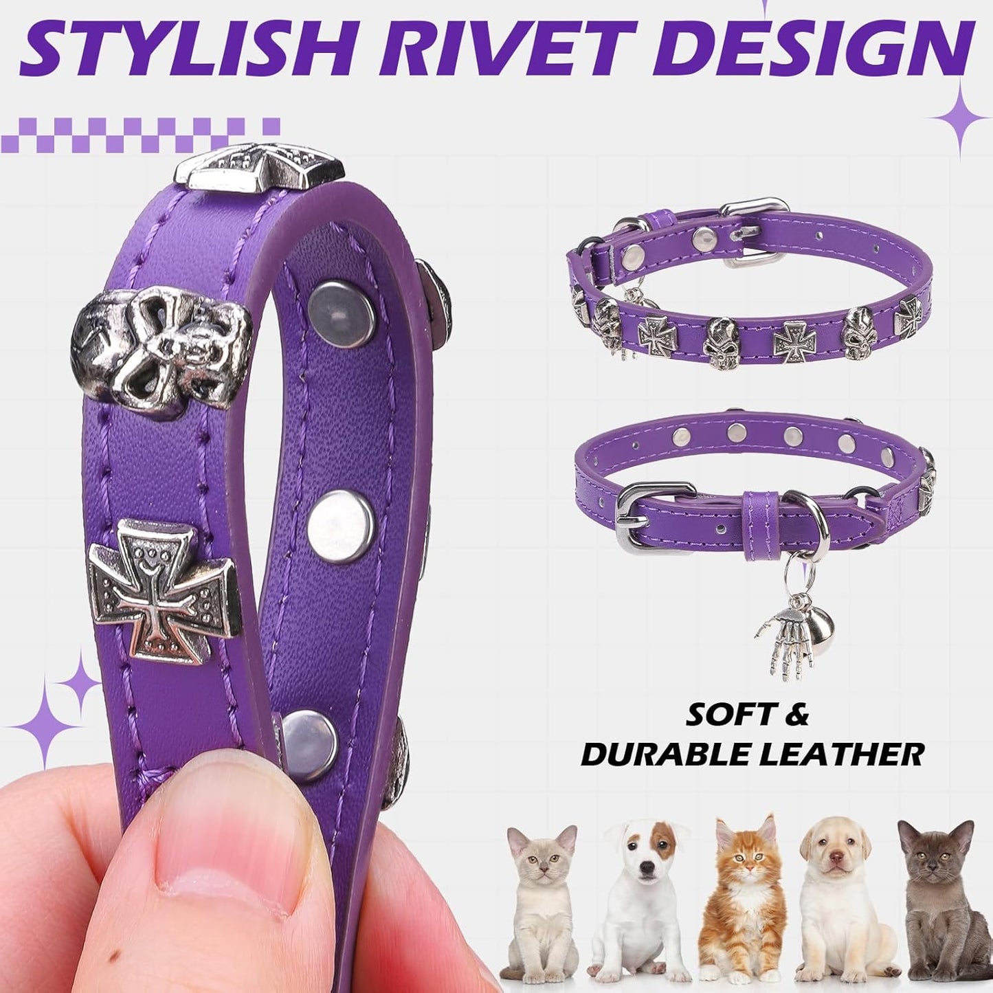 EXPAWLORER Leather Cat Collar for Girl Boy- Adjustable Pet Collar with Safety Elastic Belt,Personalized Punk Accessories Buckle Collars with Bell & Durable D-Ring, Skull(Purple)