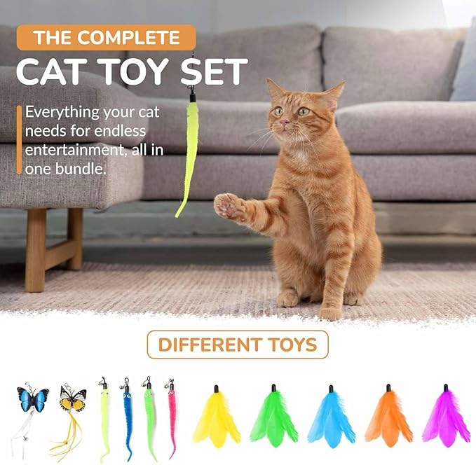 PAWSITIVE Interactive Cat Toys - Retractable Feather Wand with Refill Set 12PCS - Perfect for Indoor Cats to Chase, Exercise & Bond with Their Owners
