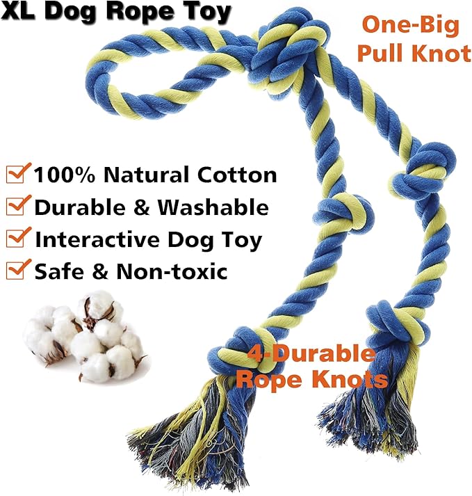 Rope Toy for Dogs，Large Dog Rope Toys for Aggressive Chewers, Heavy Duty Dog Toys for Large Medium Breed, Indestructible Tough Chew Toys Tug of War Dog Toy Cotton Rope for Teeth Cleaning