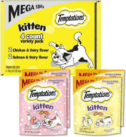 Temptations Kitten Crunchy and Soft Treats Chicken and Dairy and Salmon and Dairy Variety Pack, 6.3 oz. Pouches (Pack of 4)