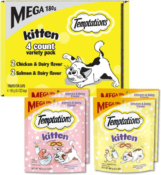 Temptations Kitten Crunchy and Soft Treats Chicken and Dairy and Salmon and Dairy Variety Pack, 6.3 oz. Pouches (Pack of 4)