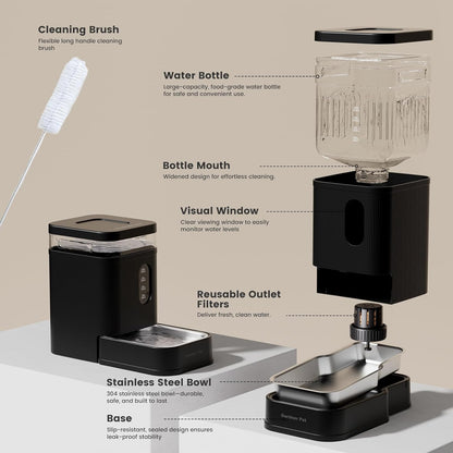 Gardner Pet Automatic Dog Water Dispenser Gravity Waterer with Stainless Steel Bowl Water Dispenser 6.5L Large Capacity Water Feeder with Filters for Dogs Cats Pets, BPA-Free Noise-Free (Black, 6.5L)