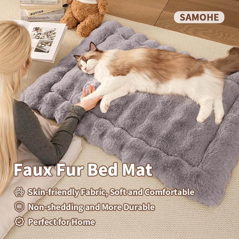 Dog Beds Mat Cute Cat Beds for Indoor Cats Faux Fur Pet Pad with Non-Slip Bottom Plush Kitten Bed for Carriers/Sofa Puppy Washable 27 x 20 Inch Large Grey