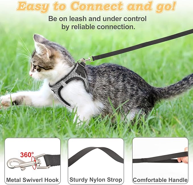 Cat Harness and Leash for Walking Escape Proof, Adjustable Kitten Vest Harness Reflective Soft Mesh Puppy Harness for Outdoor, Comfort Fit, Easy to Control (Gray, S)