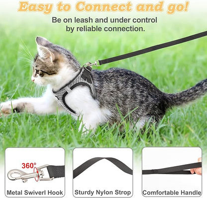 Cat Harness and Leash for Walking Escape Proof, Adjustable Kitten Vest Harness Reflective Soft Mesh Puppy Harness for Outdoor, Comfort Fit, Easy to Control (Gray, M)
