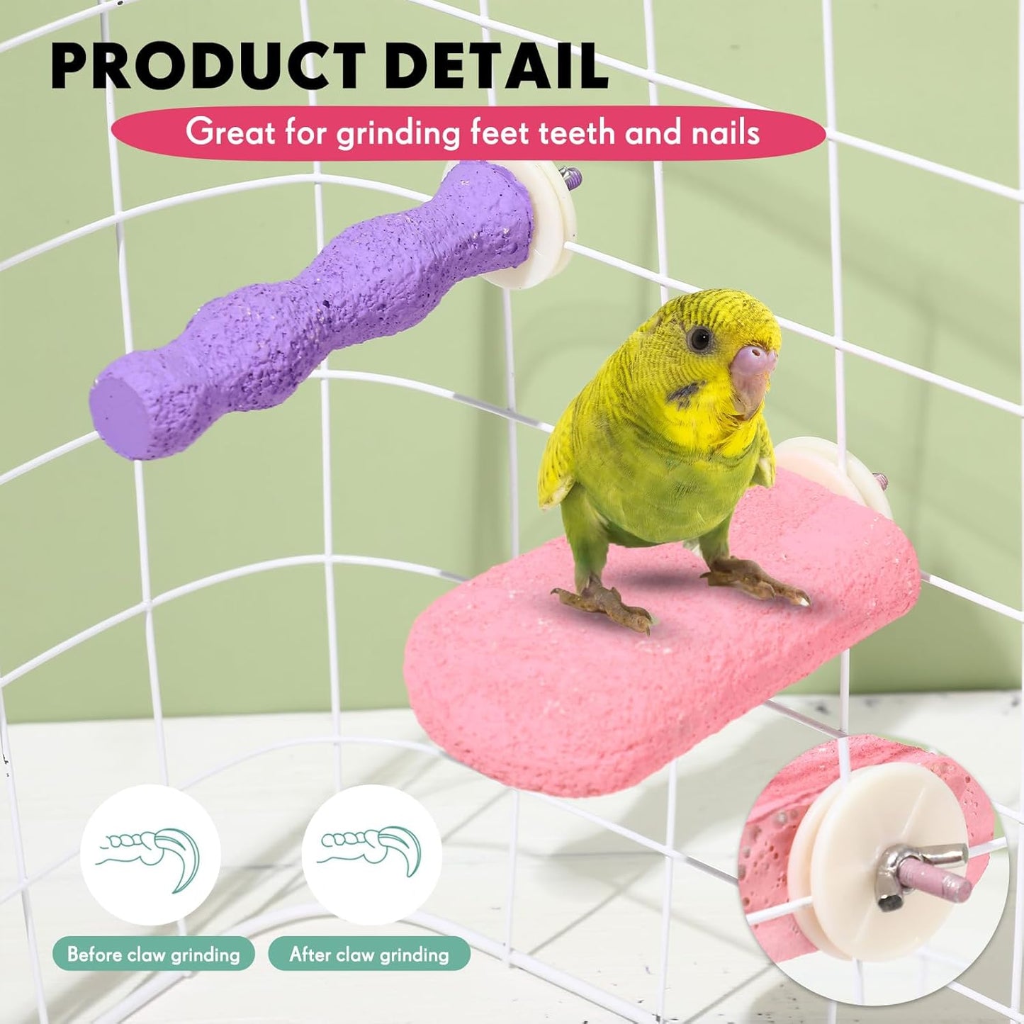 Soulchen 4 Pcs Bird Beak Grinding Calcium Stone Perches Parrot Teeth Mouth Molar Cage Accessories Platform Paw Grinding Sticks Jumping Stand for Macaws Parakeets Finches Cockatiel (Purple,Pink)