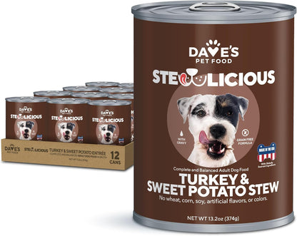 Dave's Pet Food Stewlicoius Grain Free Wet Dog Food (Turkey & Sweet Potato in Gravy), Made in USA Naturally Healthy Canned, Gluten Free Topper, 13.2 oz (12 Pack)