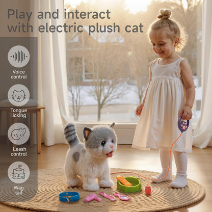 OR OR TU Walking Toy Cat with Remote Control Leash, Plush Cat Electronic Interactive Toys for Kids, Shake Tail, Licking, Pretend Dress Up Realistic Stuffed Animal Cat Age 3 4 5 6+ Years Old Best Gift