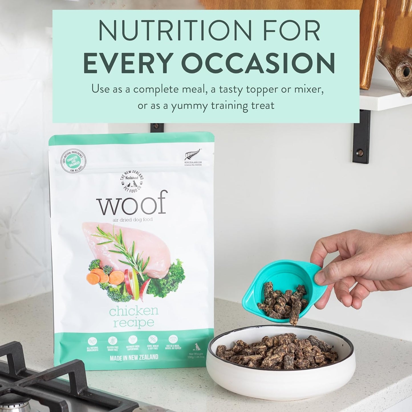 The New Zealand Natural Pet Food Co WOOF Air Dried Dog Bites - Chicken Recipe Dog Food High Protein Toppers for Dry Dog Food, Healthy Dog Food,26.5oz