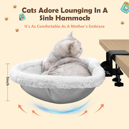 Secure Cat Desk Bed - Extra-Large Clamp & Sunken Hammock Design, Comfy Cat Desk Hammock with Faux Rabbit Fur Cover, Removable & Washable, Holds Up to 40lbs