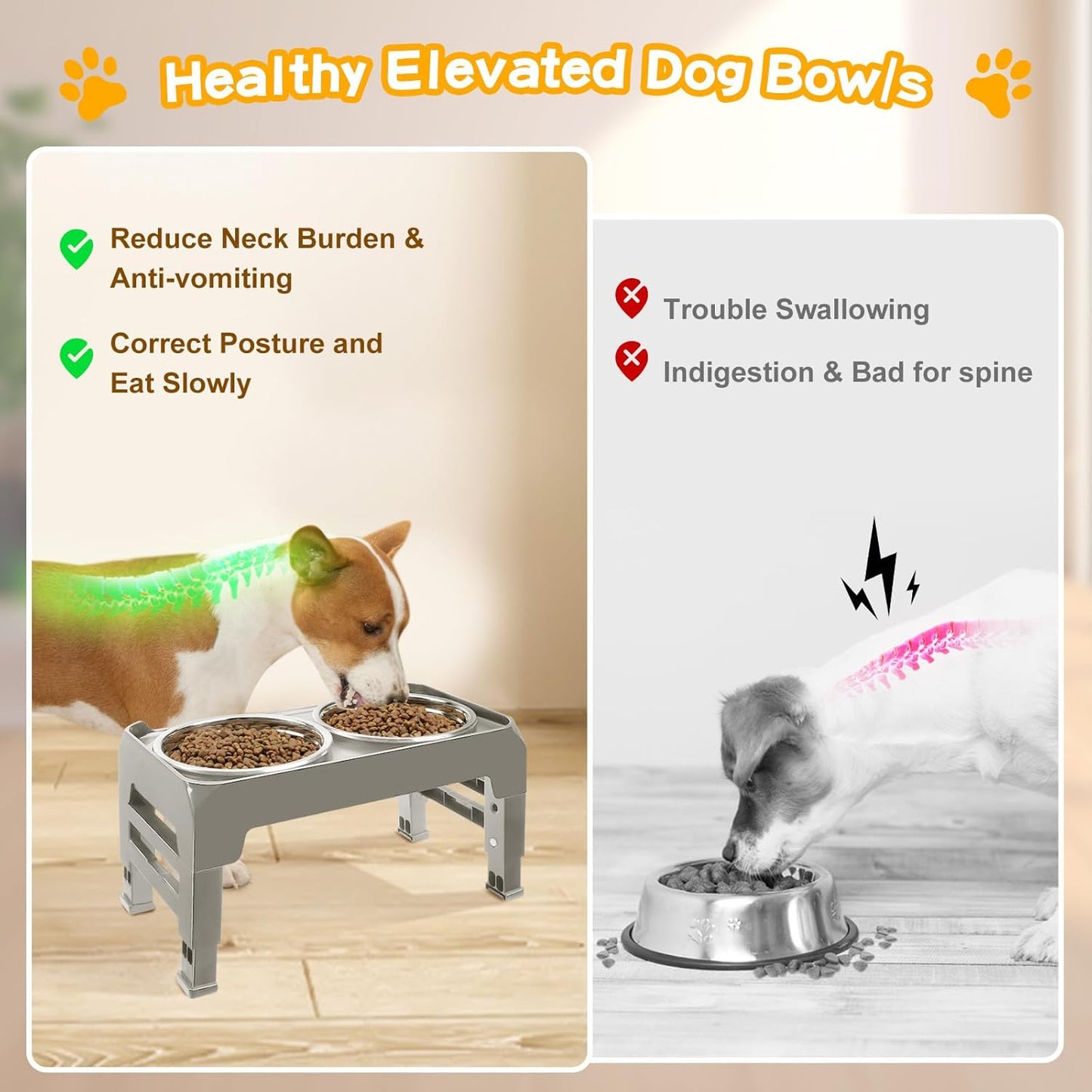 Elevated Bowls for Small Dogs - 3 Height Adjustable Raised Stand With 25oz Stainless Steel Food Bowls, Anti-Slip Feeder Adjusts to 7.5", 6", 2.75", Light Brownish Gray