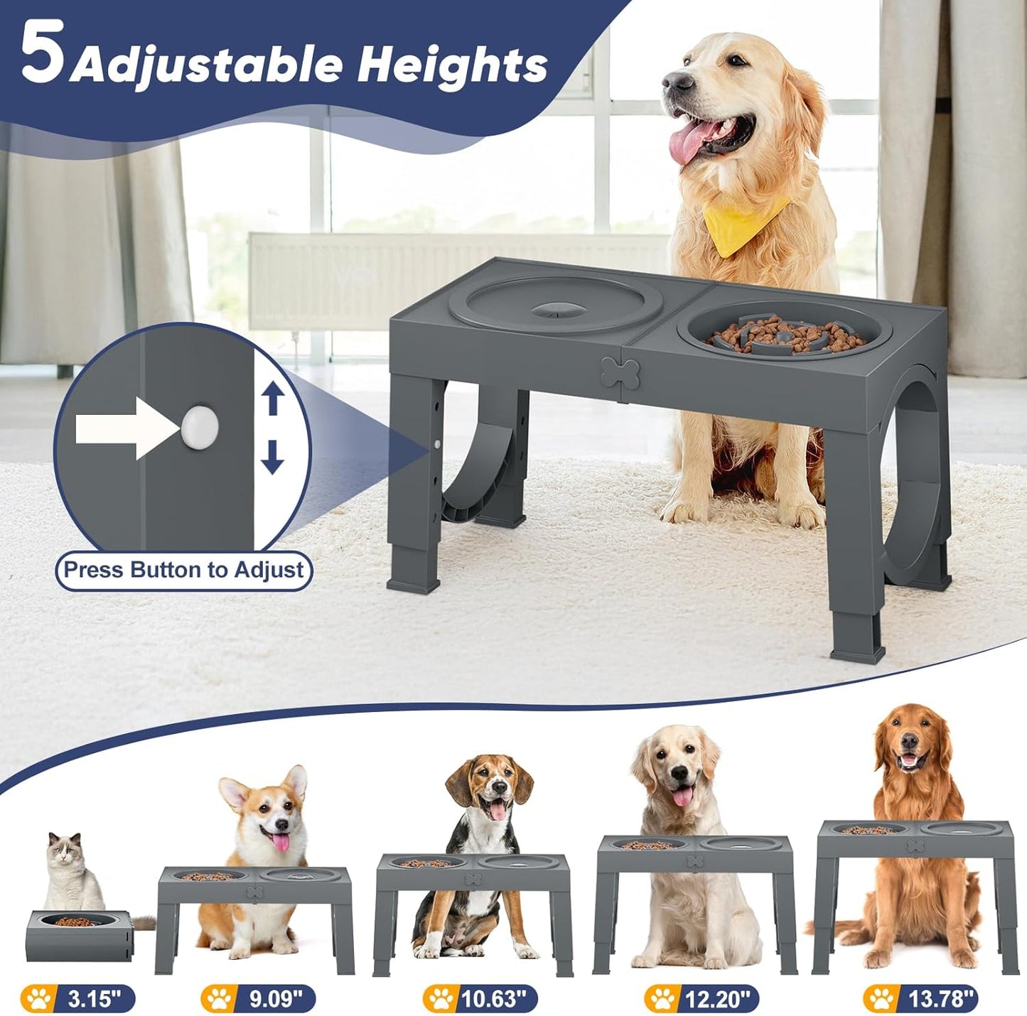 XIAZ Slow Feeder Dog Bowl Elevated Food and Water Bowl Stand for Large Medium Sized Dog, 4 Heights Adjustable, Non-Slip, Durable, Prevents Bloating & Improves Digestion for Dogs