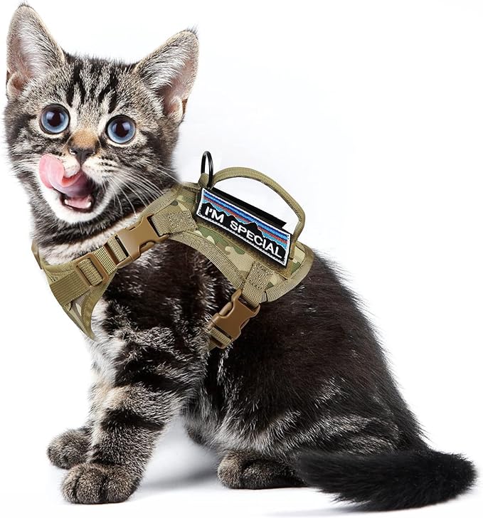 Tactical Cat Harness for Walking, Adjustable Escape Proof Pet Vest for Large Cat,Easy Control Breathable Cat Vest with Handle，Molle Patches (camo Khaki, L)